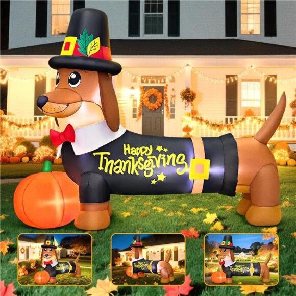 New 5FT Thanksgiving Inflatables Decorations Blow Up Dachshund with Pumpkin - Picture 4 of 7